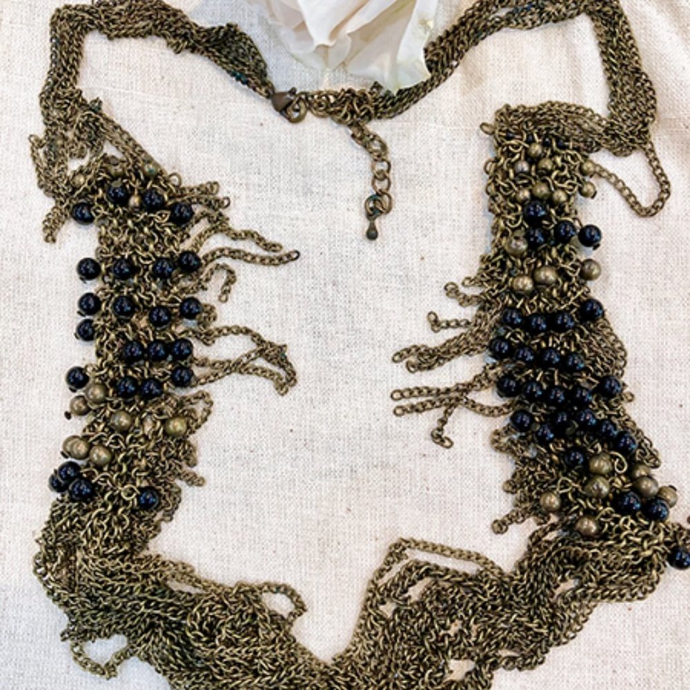 Boho Multi Strand Brass Toned Necklace with Black Beads